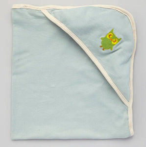 Hooded Bath Blanket - Slate blue w/ Oatmeal Trim with Owl embroidery