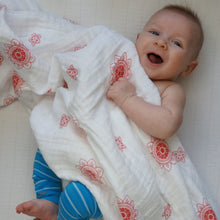 Load image into Gallery viewer, Swaddle Blanket: made with 100% Organic Cotton Muslin. (extra large 47&quot;x47&quot;) RED Zen Flowers, india muslin wrap
