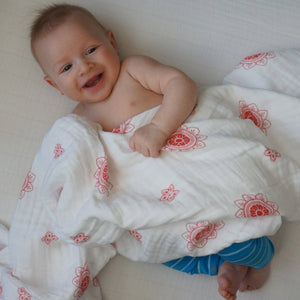 Swaddle Blanket: made with 100% Organic Cotton Muslin. (extra large 47"x47") RED Zen Flowers, india muslin wrap
