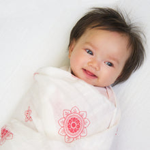 Load image into Gallery viewer, Swaddle Blanket: made with 100% Organic Cotton Muslin. (extra large 47&quot;x47&quot;) RED Zen Flowers, india muslin wrap
