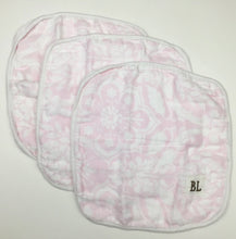 Load image into Gallery viewer, 3 pack Muslin Wash Cloths, made from organic cotton - Pink Floral - 4 layers of soft muslin
