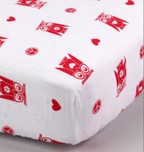 Load image into Gallery viewer, Peace &amp; Love Owl Muslin Fitted Crib Sheet

