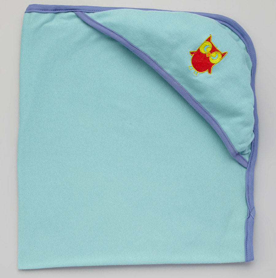Hooded Bath Blanket - Aqua w/Deep Blue Trim with Owl embroidery