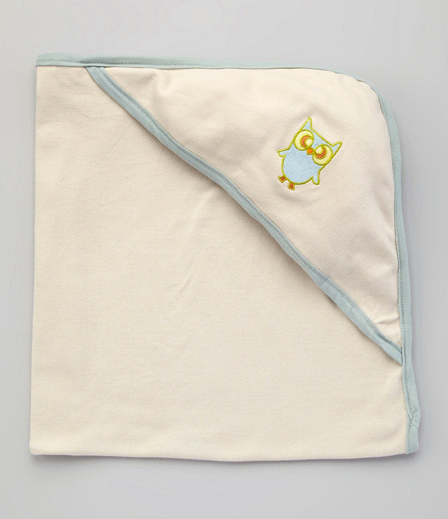 Hooded Bath Blanket - Oatmeal w/ Slate Trim with Owl embroidery