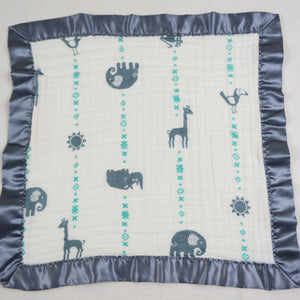 Small Satin Trimmed 2-layer Snuggle Blanket, Lovey (15"X15") - Blue Jungle Animals