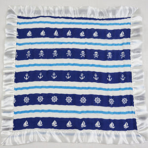 Small Satin Trimmed 2-layer Snuggle Blanket, Lovey (15"X15") - blue nautical stripes