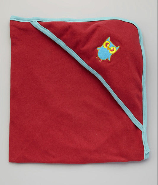 Hooded Bath Blanket - Earth Red w/ Aqua Trim with Owl embroidery