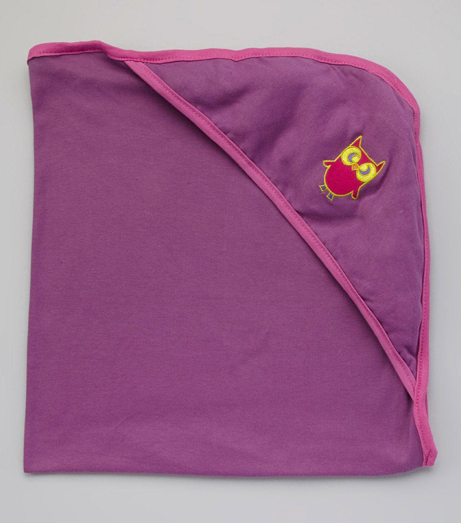 Hooded Bath Blanket - Violet w/ Rosebud Trim with Owl embroidery