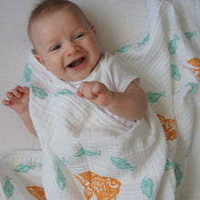 Load image into Gallery viewer, Teal Goldfish Muslin Swaddle Blanket: made with 100% Organic Cotton Muslin. (extra large 47&quot;x47&quot;)
