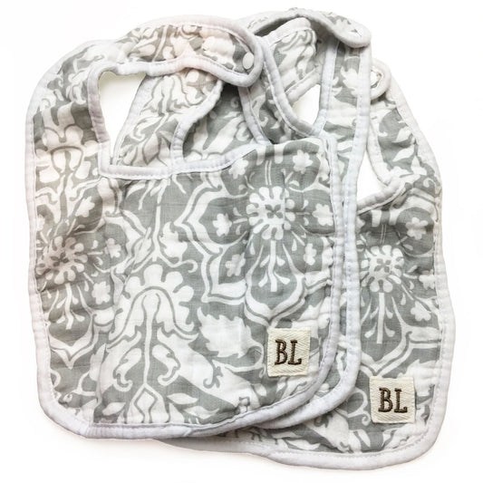 3 pack Muslin Bibs, Gray Floral