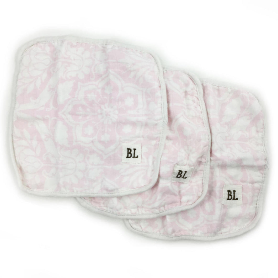 3 pack Muslin Wash Cloths, made from organic cotton - Pink Floral - 4 layers of soft muslin