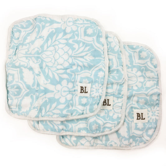 3 pack Muslin Wash Cloths, made from organic cotton - Blue Floral - 4 layers of soft muslin