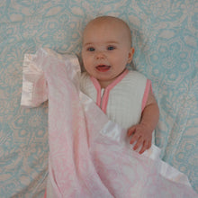 Load image into Gallery viewer, Pink Floral Satin Trimmed Muslin Swaddle Blanket  (47&quot;X47&quot;)
