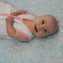 Load image into Gallery viewer, Blue Floral Satin Trimmed Muslin Swaddle Blanket
