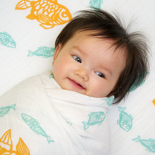 Teal Goldfish Muslin Swaddle Blanket: made with 100% Organic Cotton Muslin. (extra large 47