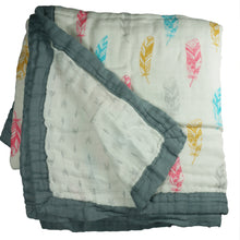 Load image into Gallery viewer, Feathers &amp; Arrows Baby Blanket - 3 layers of soft muslin, bamboo/cotton blend. Great for swaddling, nursing cover, travel blanket and more
