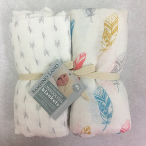 Feathers & Arrows Muslin Swaddle Set of 2 - soft muslin, bamboo/cotton blend. Great for swaddling, nursing cover, travel blanket and more