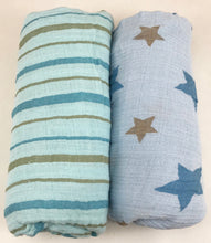 Load image into Gallery viewer, Star and Stripes Blue Muslin Swaddle Set (2 pack of blankets) Light weight guaze style wrap
