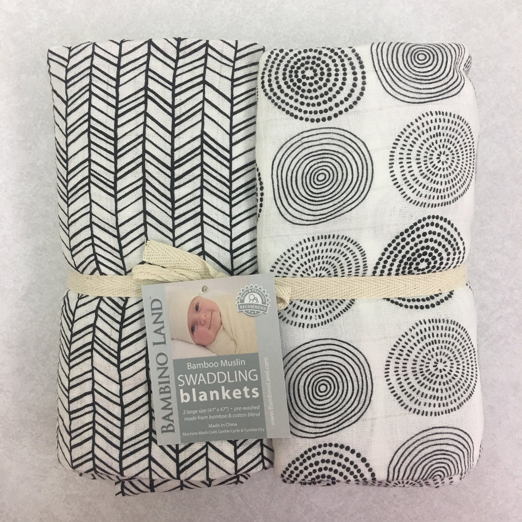 Circles & Herringbone Muslin Swaddle 2 pack - soft muslin, bamboo/cotton blend. Great for swaddling, nursing cover, travel blanket and more