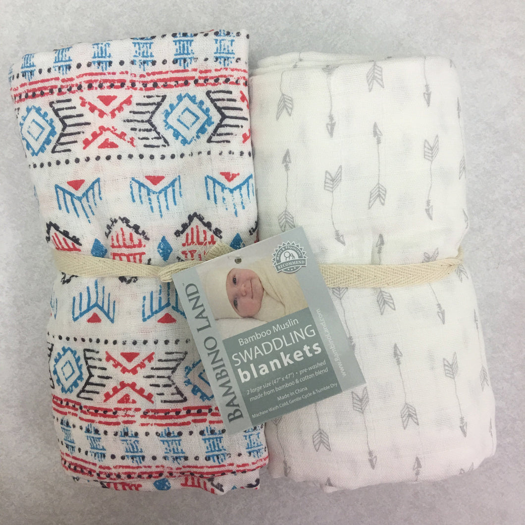 Southwestern & Arrows Muslin Swaddle 2 pack - soft muslin, bamboo/cotton blend. Great for swaddling, nursing cover, travel blanket and more
