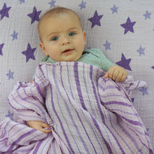Load image into Gallery viewer, Star and Stripes Purple Muslin Swaddle Set (2 pack of blankets) Light weight guaze style wrap
