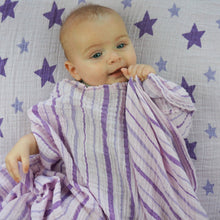 Load image into Gallery viewer, Star and Stripes Purple Muslin Swaddle Set (2 pack of blankets) Light weight guaze style wrap
