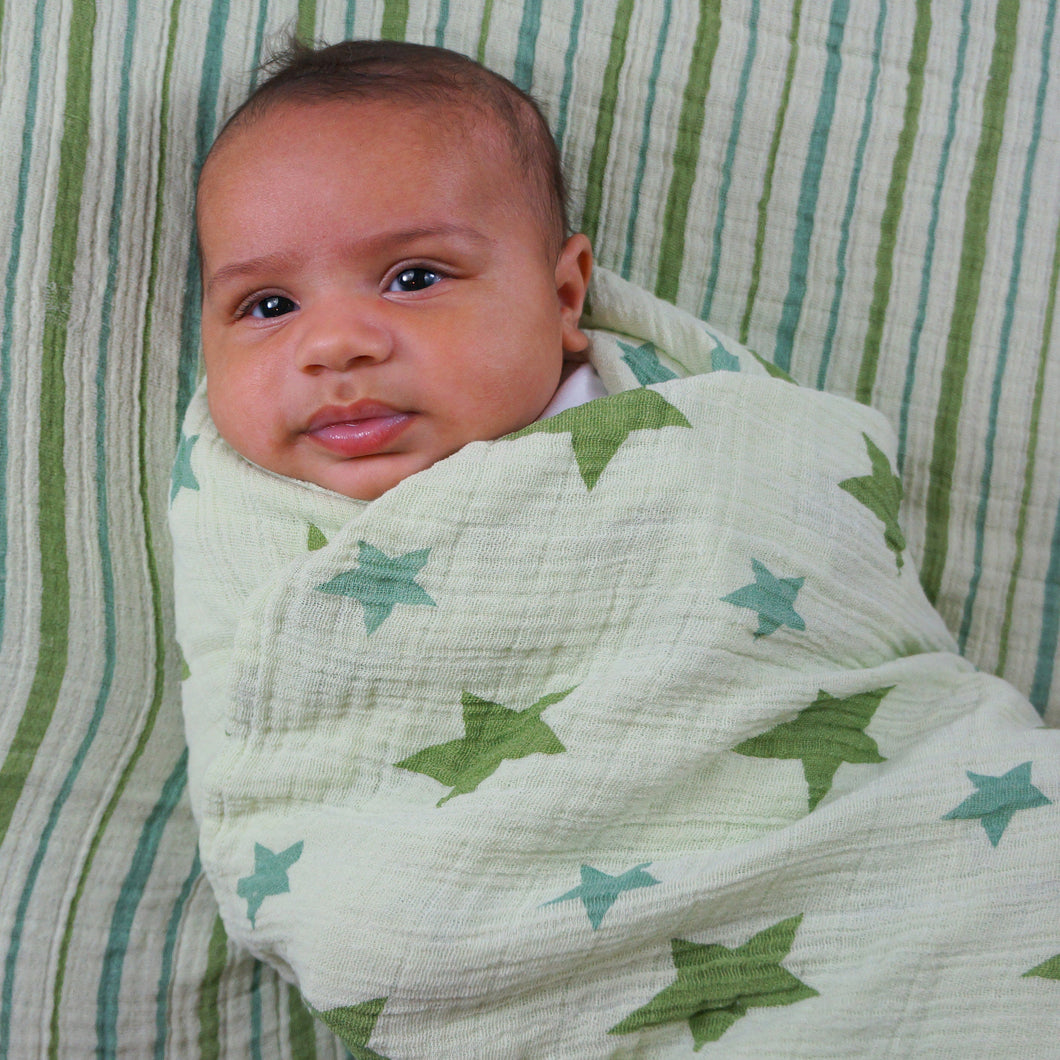 Star and Stripes Green Muslin Swaddle Set (2 pack of blankets) Light weight guaze style wrap