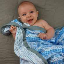 Load image into Gallery viewer, Blue Geometric Baby Blanket - 3 layers of soft muslin, bamboo/cotton blend. Great for swaddling, nursing cover, travel blanket and more
