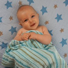 Load image into Gallery viewer, Star and Stripes Blue Muslin Swaddle Set (2 pack of blankets) Light weight guaze style wrap
