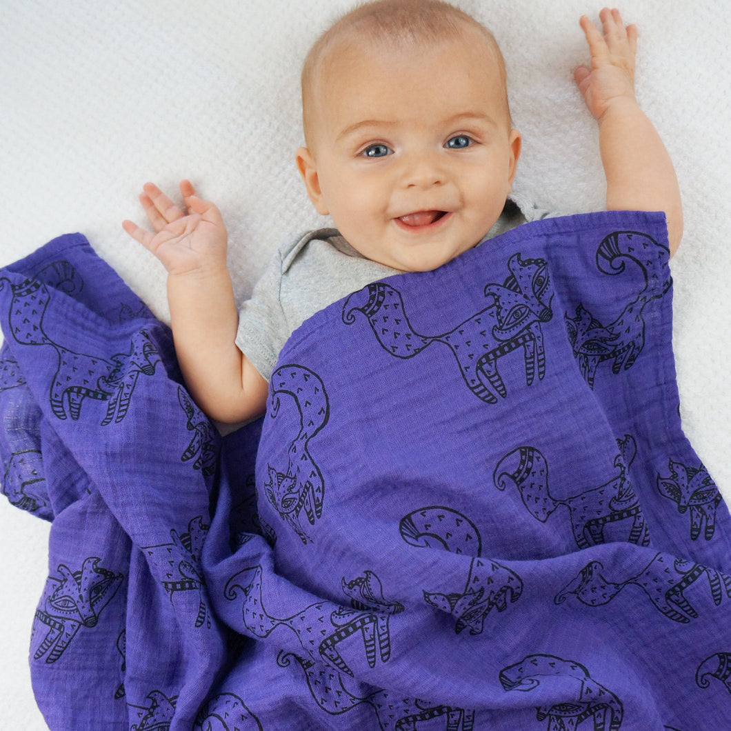 Fox Muslin Swaddle Blanket (Choice of Purple or Gray)