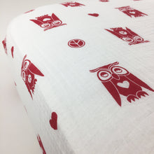 Load image into Gallery viewer, Peace &amp; Love Owls Fitted Crib Sheet (organic cotton muslin)
