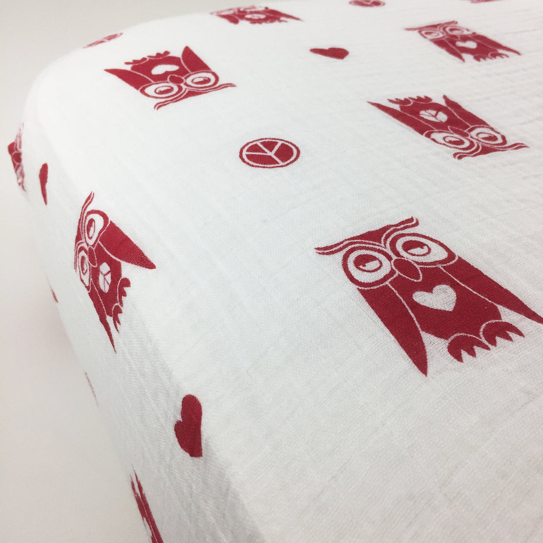 Peace & Love Owls Fitted Crib Sheet (organic cotton muslin)