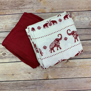 Elephants & Red, 2pk of BAMBOO Muslin Swaddles 50"x50" made from Bamboo, muslin, nursing cover, large, light weight blanket