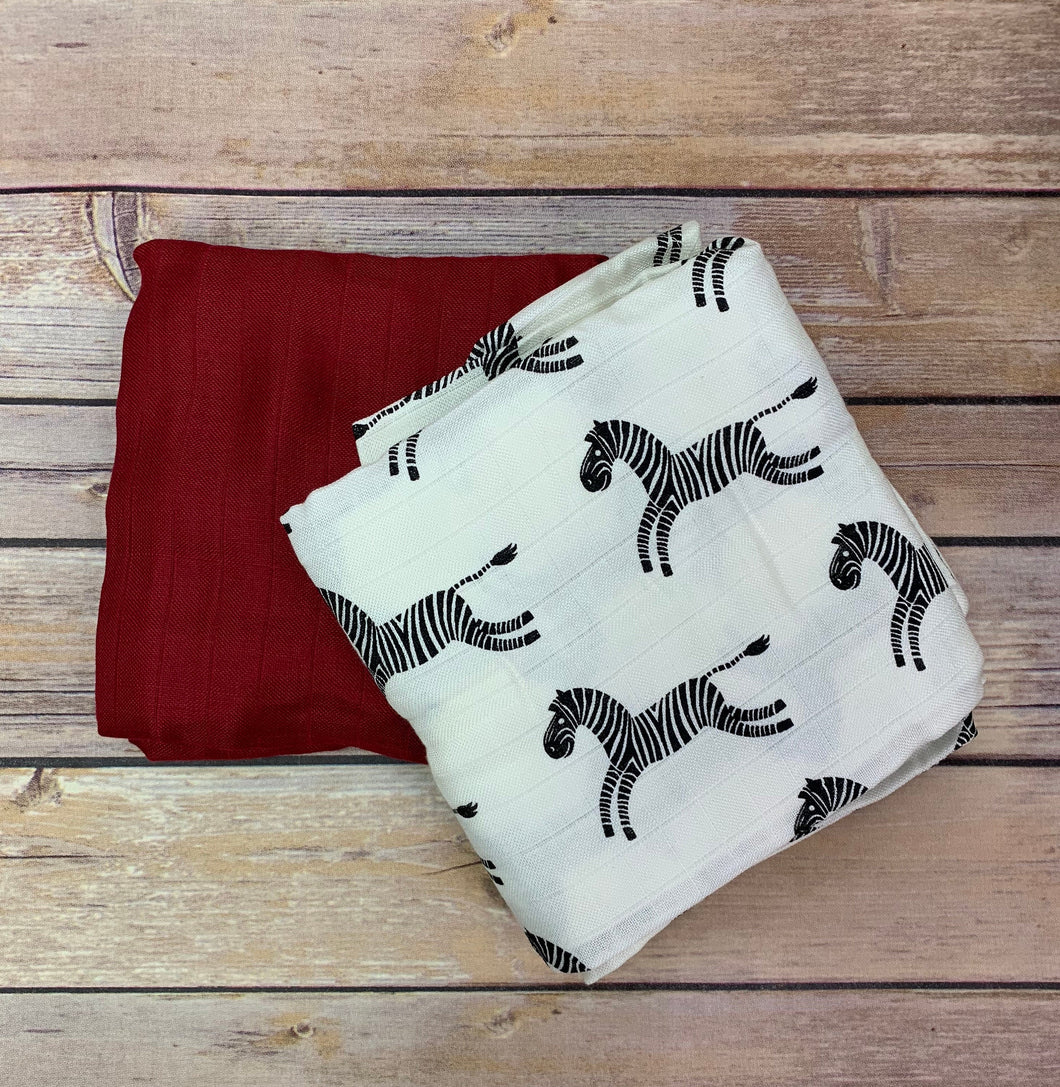 2 pack - Solids Red and Zebra Muslin Swaddles